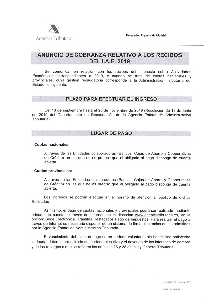 ANUNCIO COBRANZA IAE 2019
