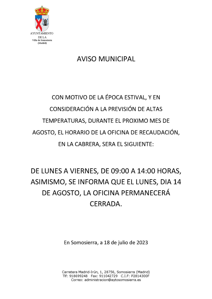 Aviso horario agosto oficina de recudación