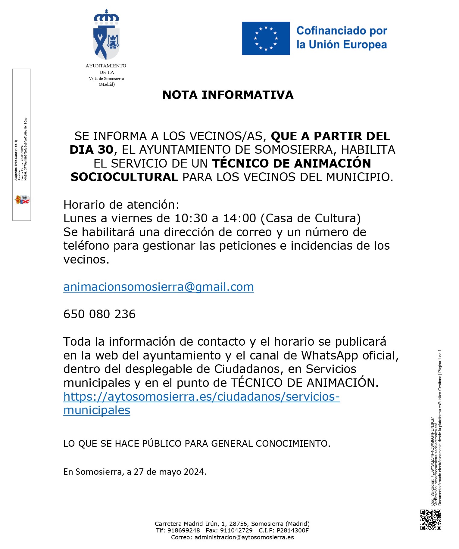 NOTA INFORMATIVA ANIMADOR SOCIOCULTURAL
