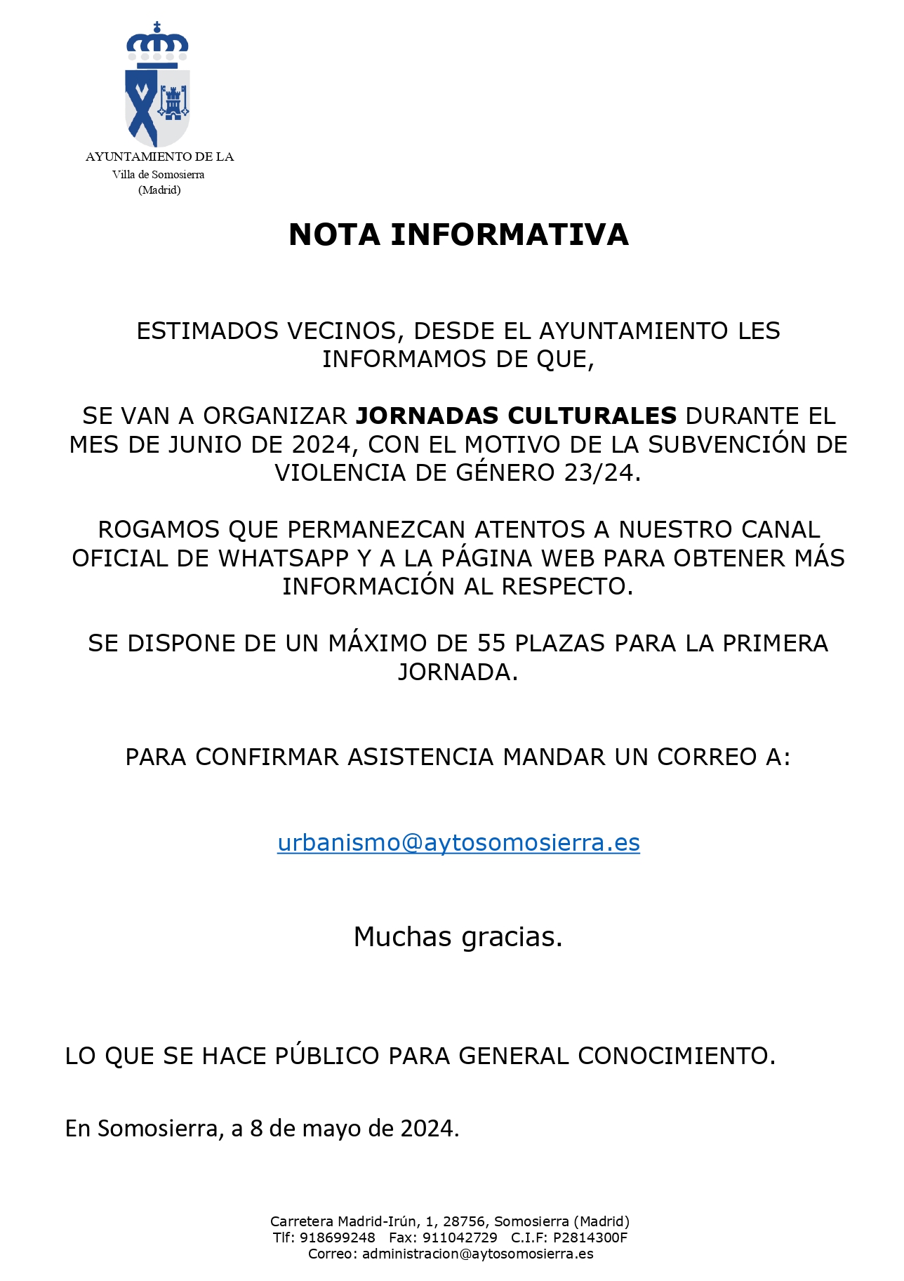 NOTA INFORMATIVA MODELO JORNADAS CULTURALES