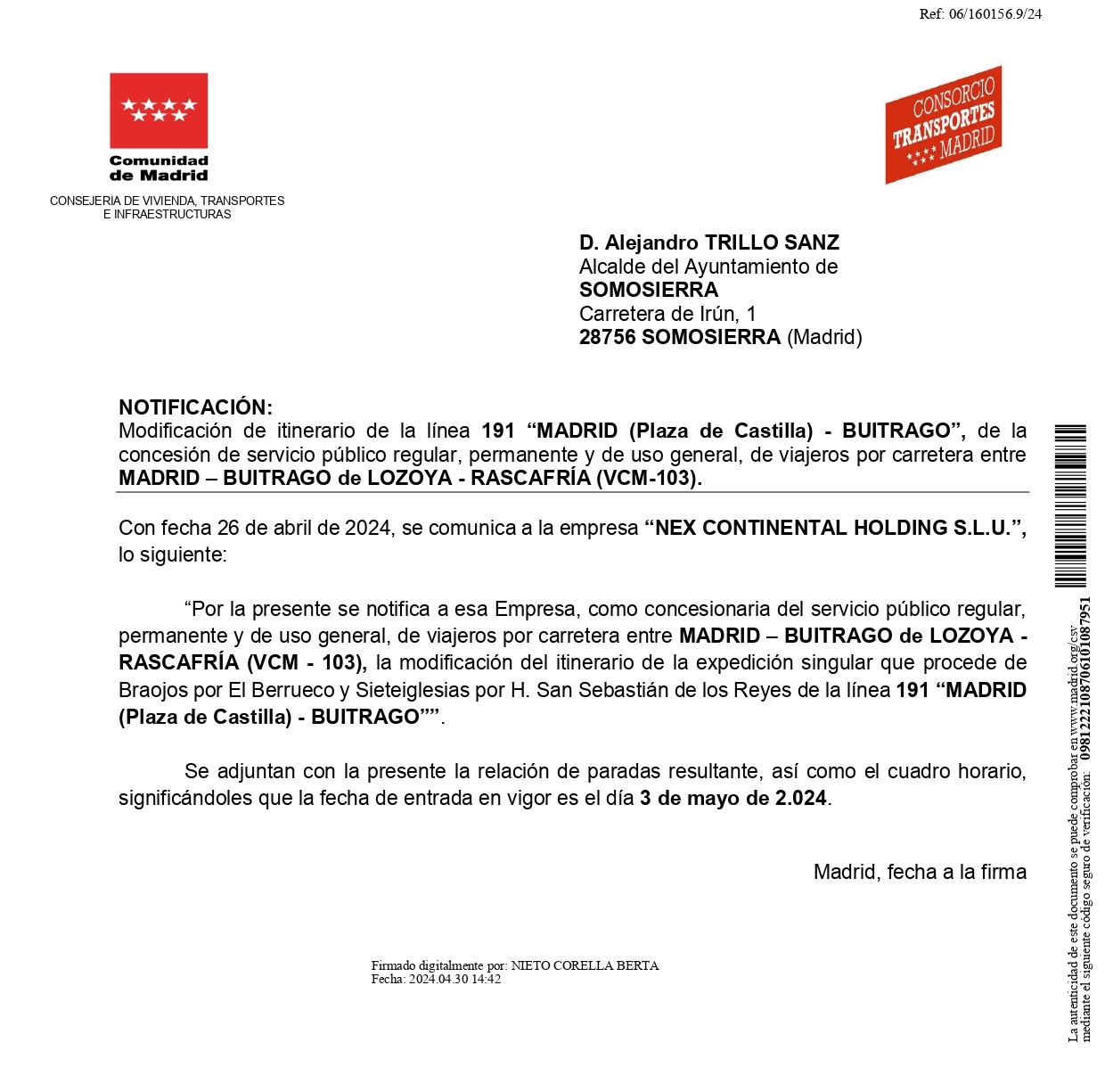 Notificacion modificacion horario linea 191 Ayto Somosierra MAYO24