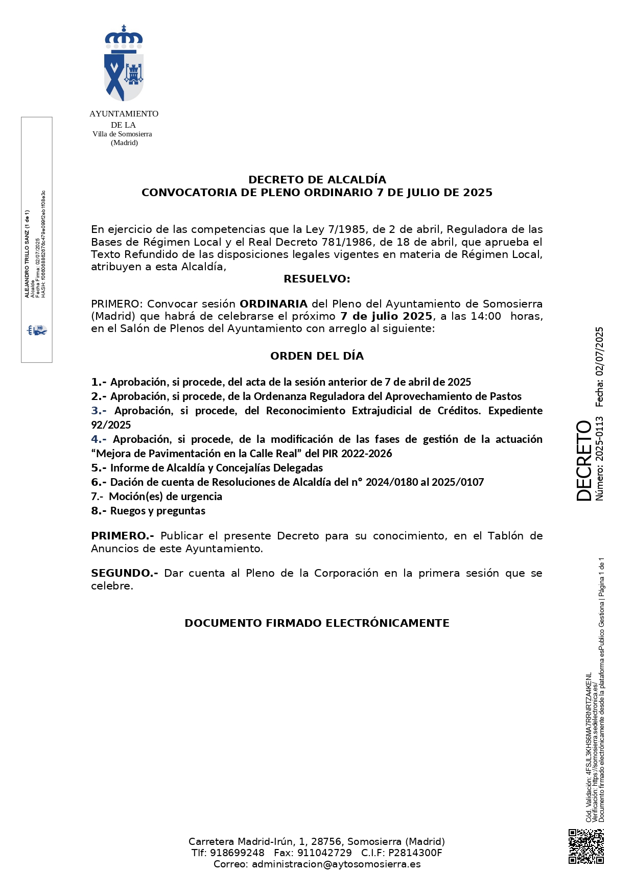 Decreto convocatoria pleno ordinario 07 07 2025