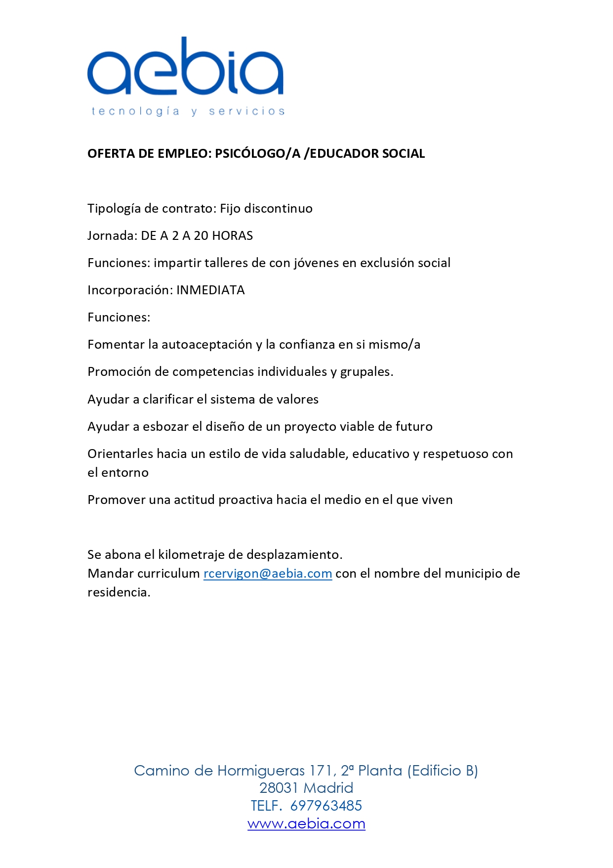 OFERTA DE EMPLEO EDUCADOR SOCIAL