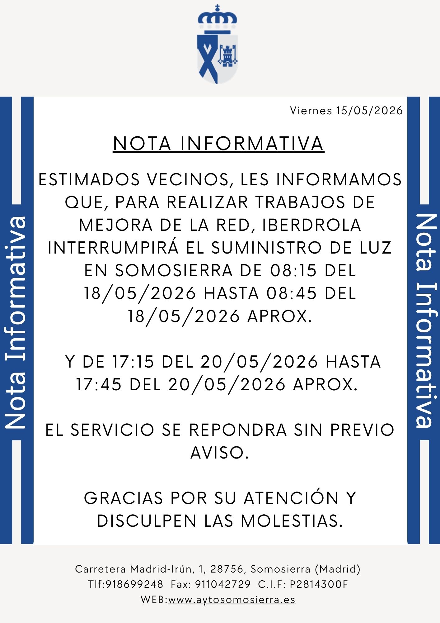 Nota Informativa Corte de Luz 18 y 20 de mayo